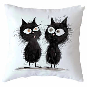 Detail of square white pillowcase with black cartoon cat print and plush fur texture