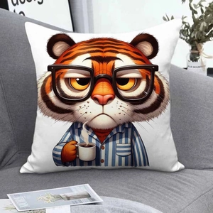Square pillowcase featuring a cartoon sleepy tiger drinking coffee on a grey sofa