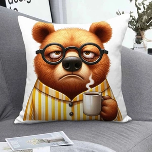 Cute cartoon bear drinking coffee pillowcase on gray sofa for cozy home decoration