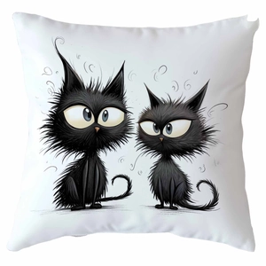 Close-up of white throw pillow with two fluffy black cartoon cat prints for home decor