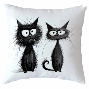 Square throw pillow featuring artistic black cat illustration on white soft fabric
