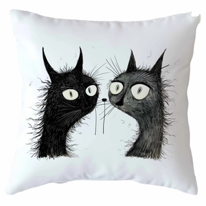 White square cushion with minimalist black cartoon cat illustrations in messy line style
