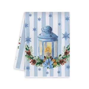Strofinaccio natalizio a righe blu e stampa a lanterna per decorazioni festive in cucina