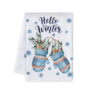 Strofinaccio natalizio bianco con guanti blu e stampa festiva Hello Winter decor