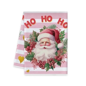 Torchon de cuisine rayé rose de Noël avec motif Père Noël et inscription HO HO HO