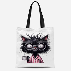 Sac fourre-tout en toile blanche avec imprimé chat noir rigolo et anses noires