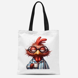 Détail du sac fourre-tout en toile blanche avec motif de coq buvant du café