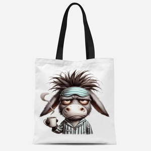 Détail du sac cabas en toile avec un imprimé d'âne mignon tenant une tasse de café