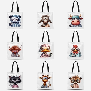 Sac Fourre-tout Humoristique en Toile de Polyester Coton Imprimé Animaux Fatigués Café Panda Âne Vache Chat Imprimé Sac de Shopping Femme Quotidien Sac à Épaule