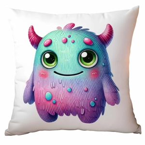 Cute cartoon monster pillowcase with blue purple creature and soft white fabric cover