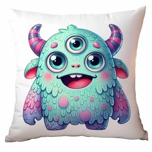Detail shot of cute three-eyed monster illustration on a white square cushion cover