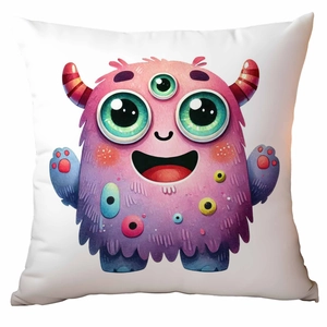 Cute pink monster cartoon illustration printed on a white square decorative pillowcase