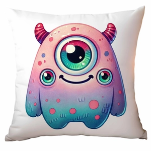 Detail of cute gradient monster print on white square cushion cover with three eyes