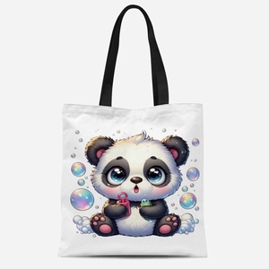Detailed view of white canvas tote bag with cute cartoon panda blowing colorful bubbles