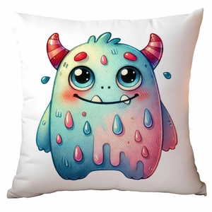 Detailed view of cute monster pillow cover with colorful gradient horns and eyes