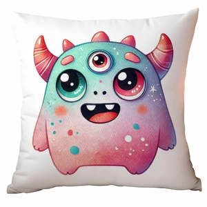 Detailed view of white square cushion cover with cute gradient three-eyed monster print