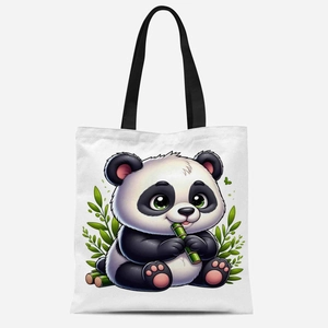 Cute cartoon panda canvas tote bag with black handles and green bamboo graphics