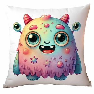 Detail of cute colorful monster illustration on white square cushion cover for home sofa