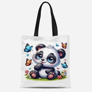 Close-up of cute cartoon panda print on white canvas tote bag with black handles