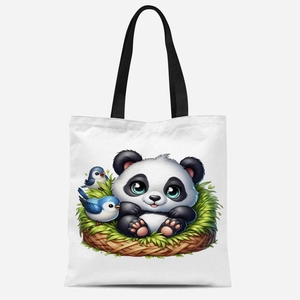 Detail of cute cartoon panda print on durable white canvas tote bag with black handles
