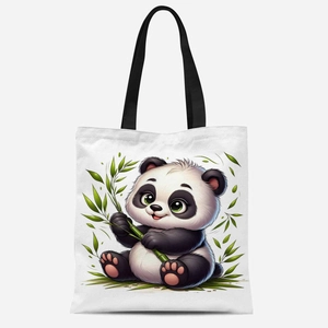 Detail of cute cartoon panda print on white canvas tote bag with black durable handles