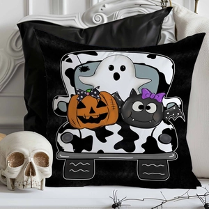 Halloween throw pillow cover featuring ghosts and pumpkins in a cozy spooky interior setting
