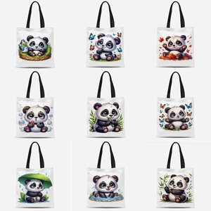 Cute Cartoon Panda Printed Canvas Tote Bag Eco Friendly Reusable Shopping Handbag For Women Students Daily School Commuter Bag