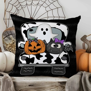 Halloween decorative pillow case with cute ghost, pumpkin, and bat designs on black fabric