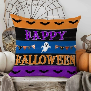 Halloween decorative pillowcase with festive stripes and Happy Halloween text on wood