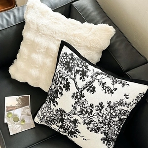 Luxury chenille plush cushion covers with white rabbit fur texture and tree pattern