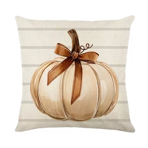Autumn linen pillowcase with watercolor pumpkin print and stripes for couch decor