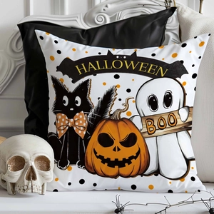 Halloween throw pillow cover featuring ghost, black cat, and pumpkin on linen fabric