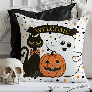 Halloween throw pillow cover with spooky black cat and ghost print on linen fabric