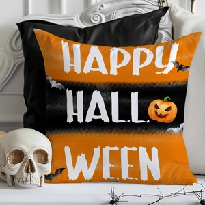 Orange Halloween pillow cover with Happy Halloween text, bats and pumpkin illustrations