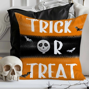 Halloween pillowcase featuring Trick or Treat slogan with ghost and bat prints on linen