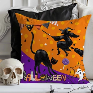 Housse de coussin Halloween avec motifs sorcière et chauve-souris sur lin orange