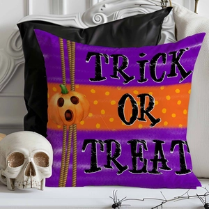Housse de coussin Halloween Trick or Treat avec citrouille et chauve-souris en lin