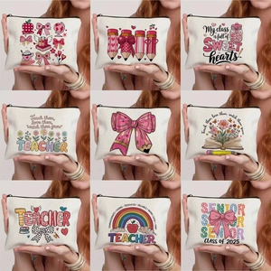 Fine Linen Teacher's Day Printed Makeup Bag Floral Letter Pattern Portable Travel Toiletry Storage Pouch For Women Gifts