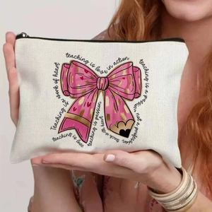 Floral Teachers Day canvas makeup bag featuring Teaching Is a Work of Heart print