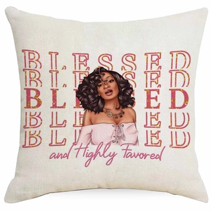 Linen pillowcase detail showing texture and vintage black girl art with Blessed text
