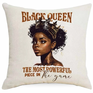 Linen pillowcase detail showing Black Queen print and Powerful Piece slogan texture