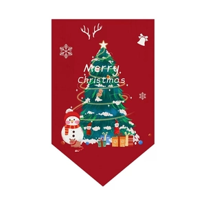 Detail of red Christmas bunting featuring snowman, tree illustrations and Merry Christmas text