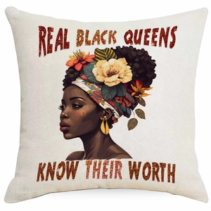 Macro detail of linen texture with vibrant African queen portrait and floral headpiece