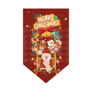 Detail of red Merry Christmas triangle bunting with Santa Claus and reindeer illustrations