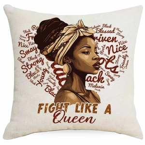 Macro detail of linen pillowcase featuring Black Girl Magic and Queen theme print