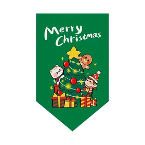 Detail of green Christmas bunting featuring cartoon cats, trees, and Merry Christmas text