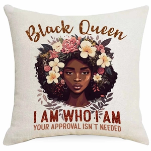 Detail view of linen pillowcase featuring Black Queen portrait and floral art design