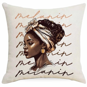 Linen decorative pillow cover featuring artistic Melanin black girl illustration
