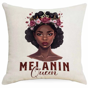 Linen pillowcase featuring a Melanin Queen portrait with golden crown and floral details