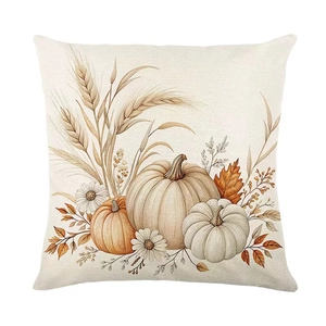 Fodera per cuscino autunnale in lino con motivo acquerello di zucca e grano